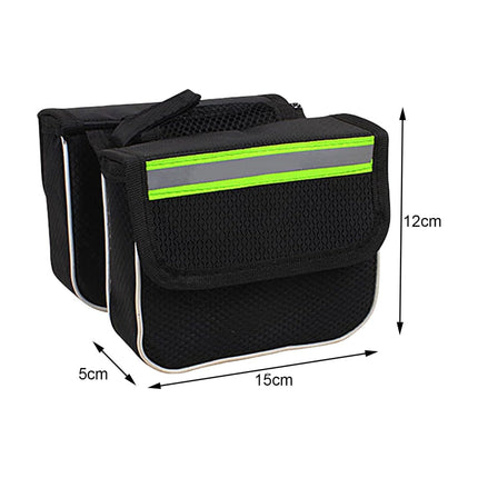 Black bag with a reflective green strip, shown with dimensions on a white background