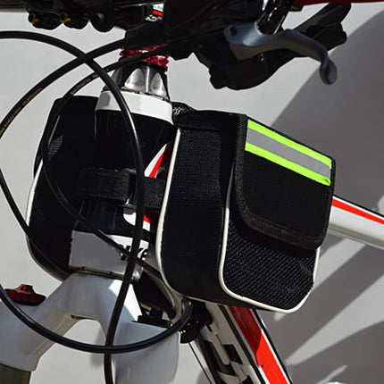 Bicycle saddle bag with reflective strip attached to a bike frame.
