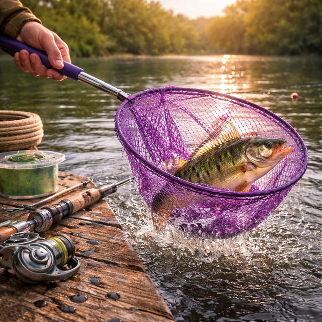 Fishing net with a fish caught, on a wooden dock by a lake.