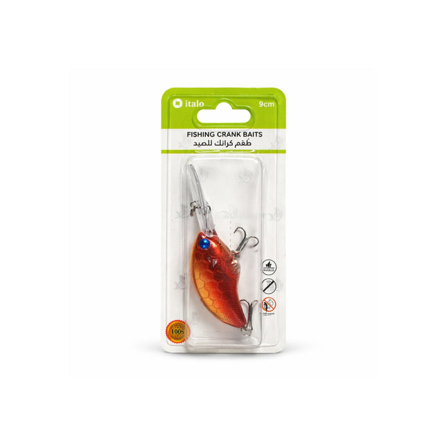 Fishing crank bait in packaging with brand label on a white background