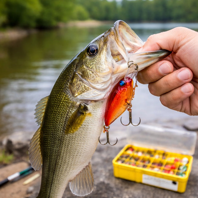 Hand holding a largemouth bass caught on a red and orange fishing lure with a blurred lake background.