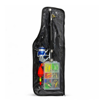 Fishing tackle kit with rod, reel, and lures in a clear bag on a white background