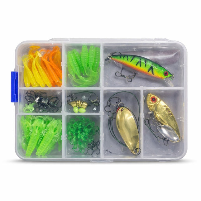 Fishing lure set in a clear plastic box with compartments on a white background