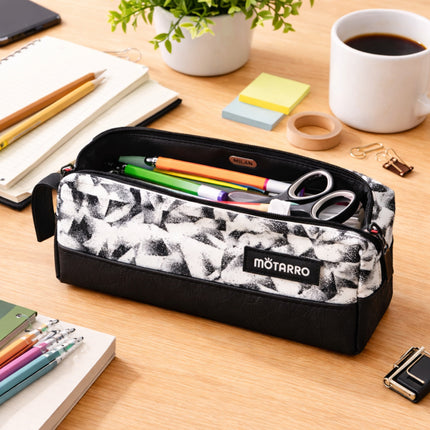 Pencil case with stationery items on a desk, featuring the brand 'Motarro'.