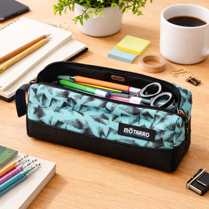 Pencil case with stationery items on a desk, featuring the brand 'Motarro'.