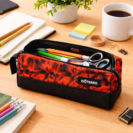 Pencil case with stationery items on a desk, featuring the brand 'matarro'.