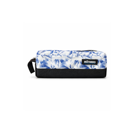 Pencil case with blue and white pattern on a white background