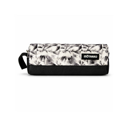 Pencil case with floral pattern and black handle on a white background