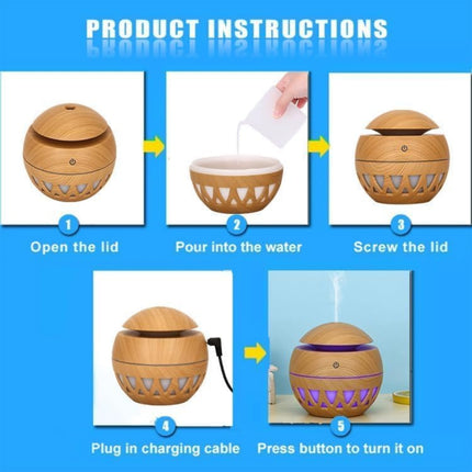 Step-by-step instructions for using a wooden diffuser on a blue background