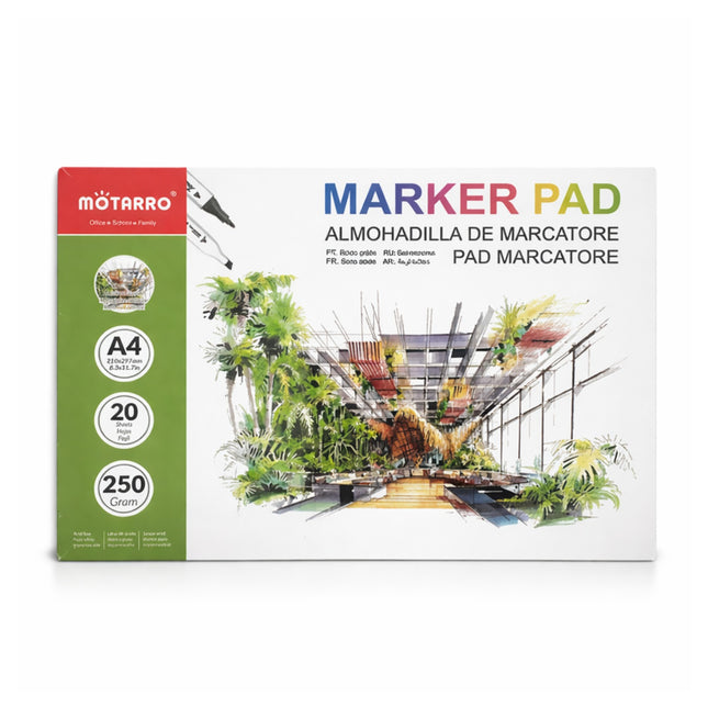 Marker pad packaging with 'Motarro' branding and architectural illustration on a white background