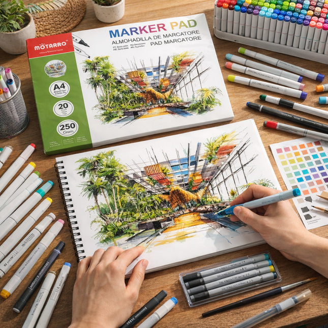 Artistic setup with marker pad, markers, and drawing on a wooden table