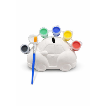 White piggy bank with paint compartments and a brush on a white background