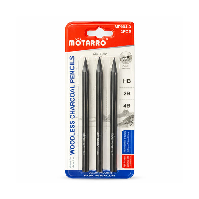 Pack of Motarro woodless charcoal pencils with different hardness levels on a white background