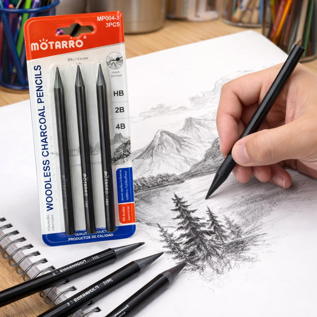 Motarro woodless charcoal pencils set with a person drawing a mountain scene.