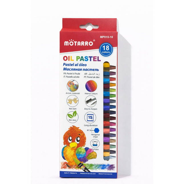 Motarro oil pastel set packaging with colorful pastels on a white background