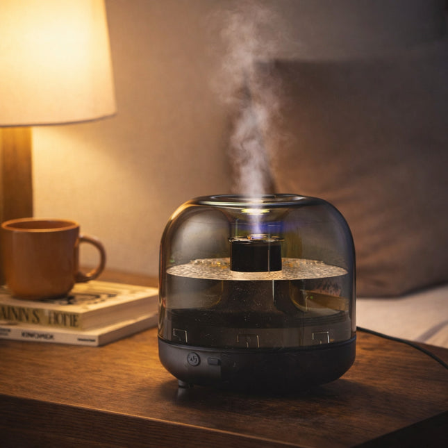 Humidifier emitting steam on a wooden surface with a warm glow from a lamp in the background.