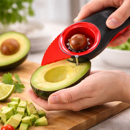 Person using an avocado peeler on an avocado with a wooden cutting board and ingredients in the background.