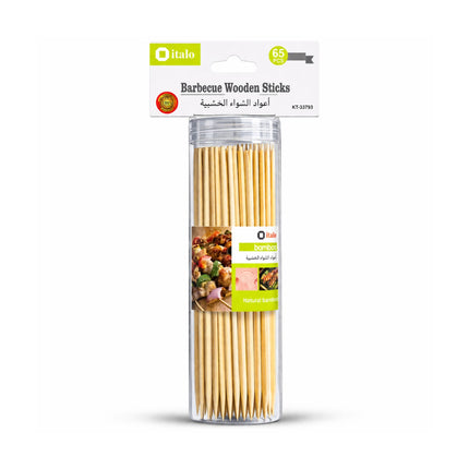 Packaged barbecue wooden sticks with brand label on a white background