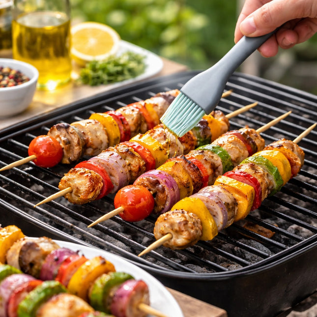 Colorful skewers being grilled with a brush on a barbecue, outdoor setting.
