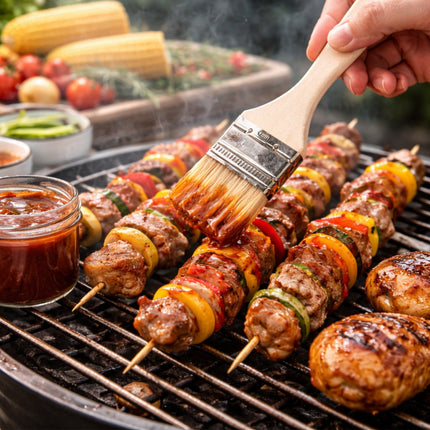 Grilling skewers with a hand brushing sauce on them, surrounded by vegetables and a jar of sauce.