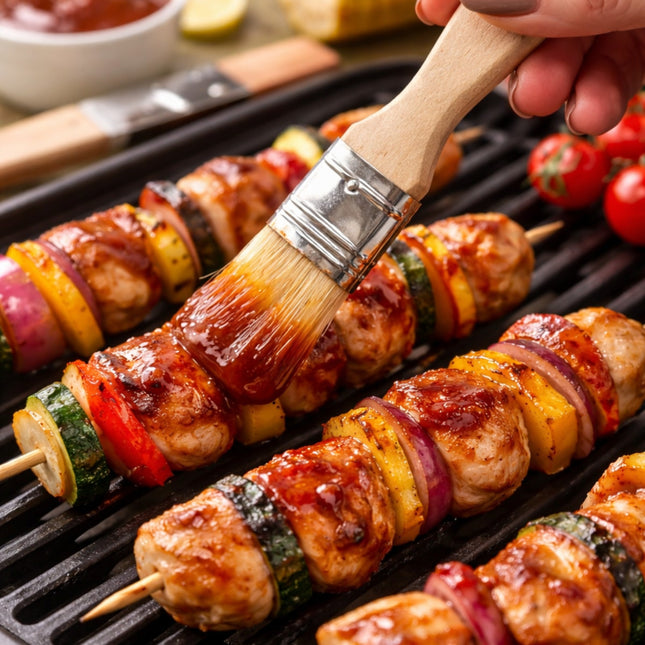 Skewers of meat and vegetables being brushed with sauce on a grill