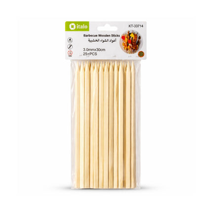 Pack of barbecue wooden sticks with italo branding on a white background