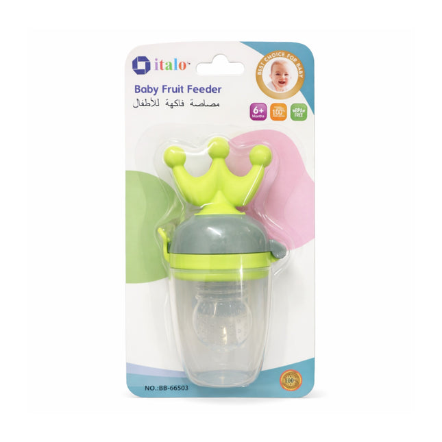 Baby fruit feeder in packaging with 'italo' branding on a white background