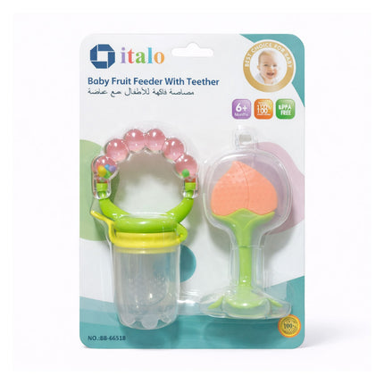 Baby fruit feeder with teether in packaging on a white background