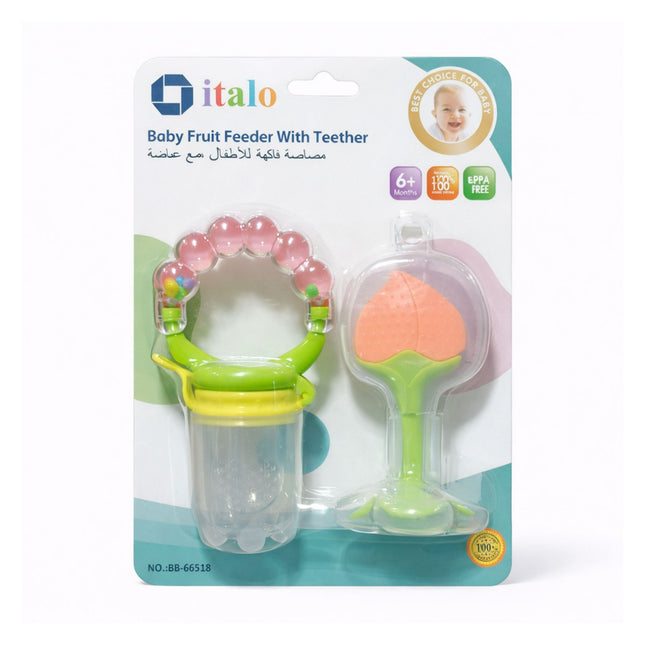 Baby fruit feeder with teether in packaging on a white background