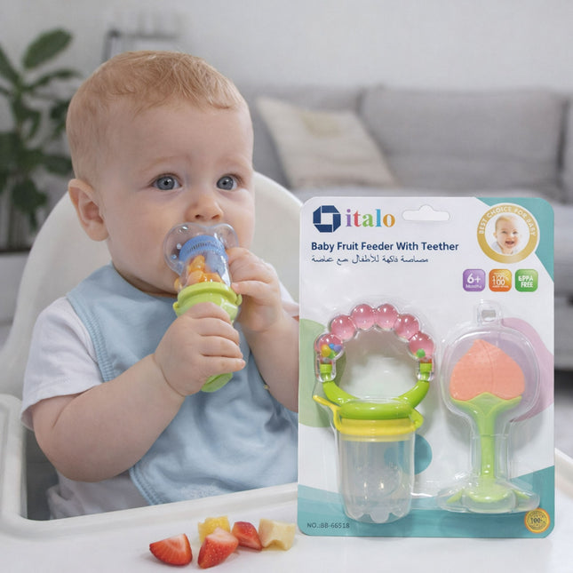 Baby holding a baby fruit feeder with teether next to its packaging