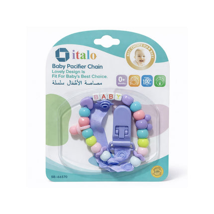 Baby pacifier chain in packaging with 'italo' branding on a white background