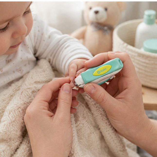 Person using a green and white nail clipper on a child's hand with a teddy bear and basket in the background.