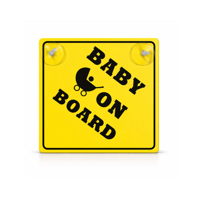 Yellow 'Baby on Board' sign with black text and a car icon on a white background
