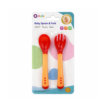 Baby spoon and fork set in packaging with 'italo' branding on a white background