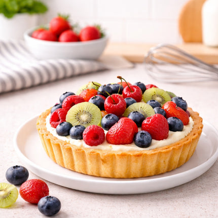 Fruit tart with a variety of berries on a white plate