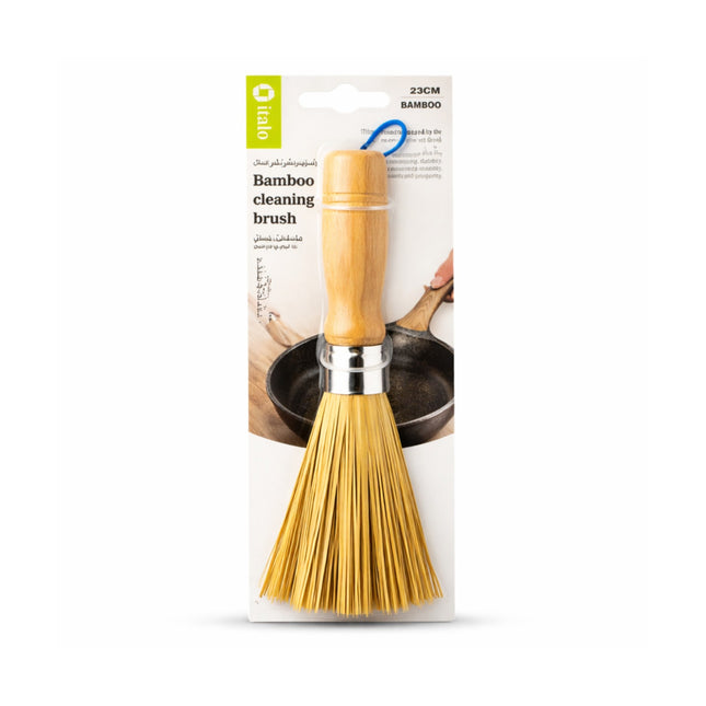 Bamboo cleaning brush with packaging on a white background