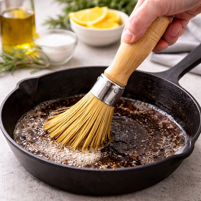 Person using a basting brush to apply oil to a hot cast iron skillet.