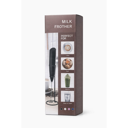 Milk frother packaging with images of beverages on a white background