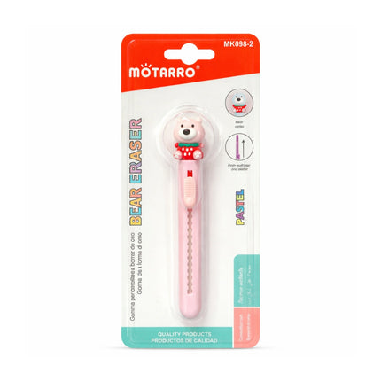 Pink bear-shaped eraser with packaging featuring the Motarro brand on a white background