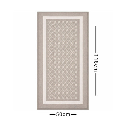 Rectangular rug with a geometric pattern and dimensions on a white background