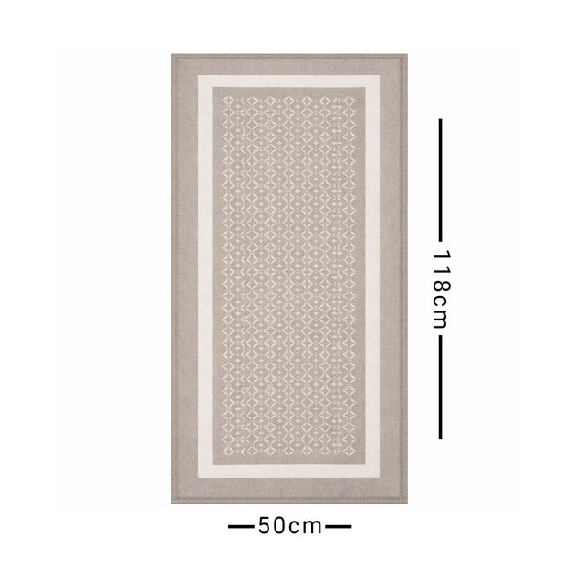 Rectangular rug with a geometric pattern and dimensions on a white background