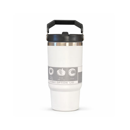 White insulated mug with black lid on a white background