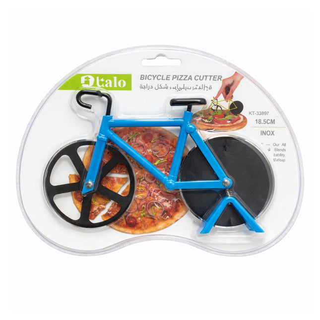 Bicycle pizza cutter in packaging with a pizza on a white background