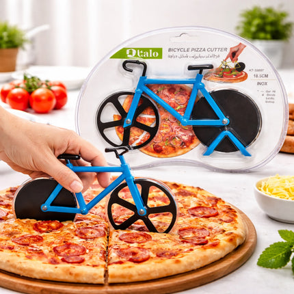 Bicycle-shaped pizza cutter cutting a pizza with a bicycle-themed packaging in the background.