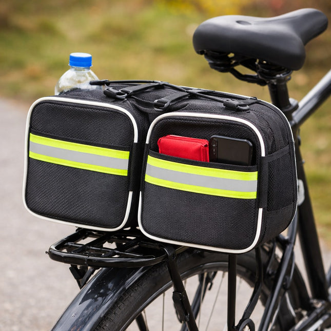 Bicycle saddle bag with reflective stripes on a bike seat