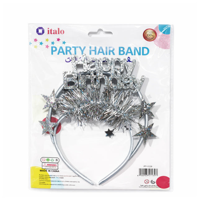 Silver party hair band with stars on a white background