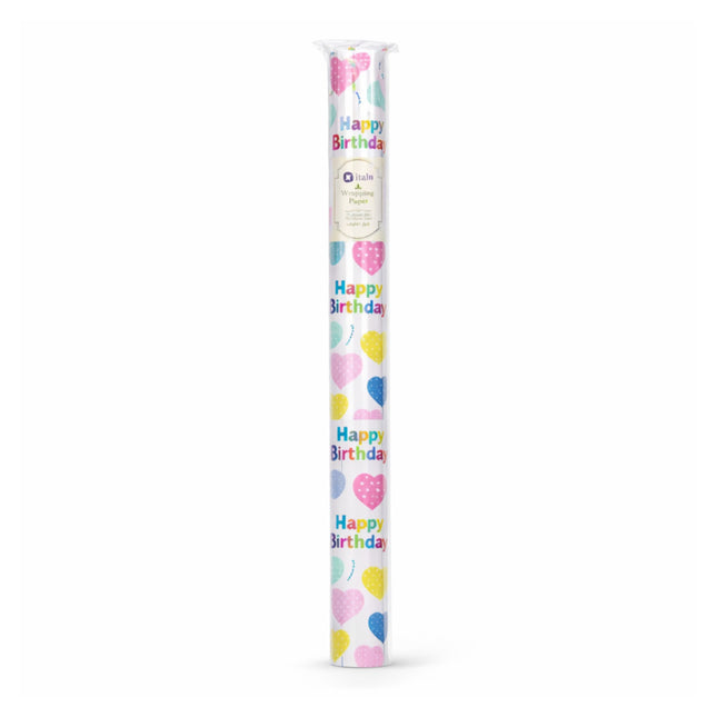 Roll of paper with 'Happy Birthday' text and colorful balloons on a white background