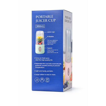 Portable juicer cup packaging with blue background and product illustration