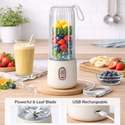 Portable blender with ingredients and a smoothie on a kitchen counter