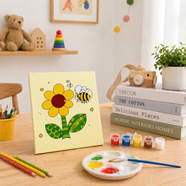 Children's art project with a painted flower and bee on a yellow background, surrounded by art supplies and books.